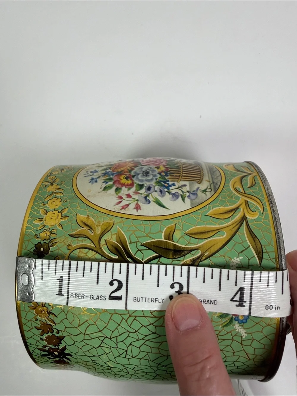 Vintage Biscuit Cookie Tea Tin England Floral Decorative Canister Gold Trim 6”